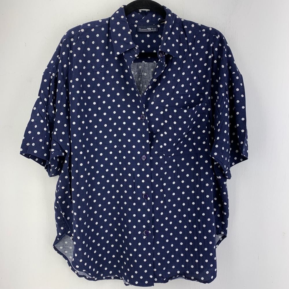 Vtg Rockabilly Pinup Hunters Run Blue White Polka Dot Button Front Shirt Medium